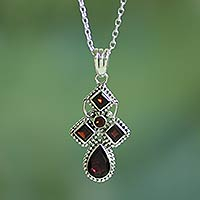 Garnet pendant necklace, 'Geometric Illusions in Crimson' - Hand Crafted Garnet and Sterling Silver Pendant Necklace