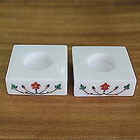 Marble tealight holders, 'Blooming Buds in Red' (pair) - Square Marble Tealight Holders with Red Blooming Bud (Pair)