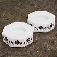 Marble tealight holders, 'Floral Alliance in Blue' (pair) - Octagon Marble Tealight Holders with Blue Buds (Pair)