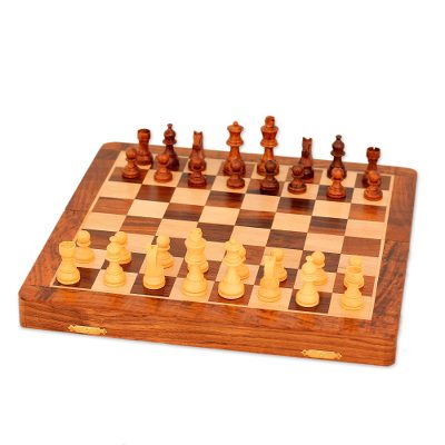 Wood travel chess set, 'Strategy Challenge' - Magnetic Wood Chess Set with Velvet Lining from India