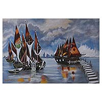 'Blissful Voyage' - Ships in Water Oil on Canvas Painting from India