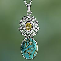 Citrine pendant necklace, 'Whimsical Tendrils' - Handcrafted Citrine and Composite Turquoise Necklace