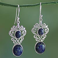 Lapis lazuli dangle earrings, 'Whimsical Tendrils' - Handcrafted Lapis Lazuli and Sterling Silver Dangle Earrings