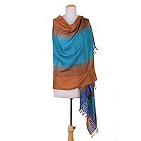Wool shawl Teal Brown Alliance India