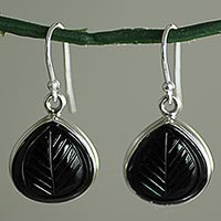 Onyx dangle earrings, 'Betel Leaf' - Hand Made Sterling Silver Onyx Dangle Earrings from India
