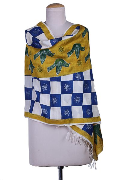 Hand painted silk shawl, Swadhin in Blue and Yellow