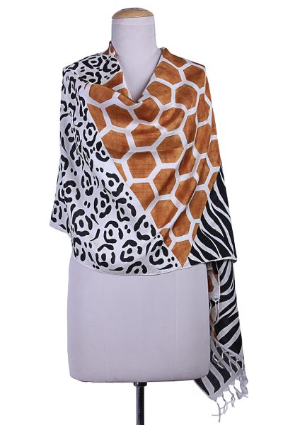 Hand painted silk shawl, Safari in Brown and Black