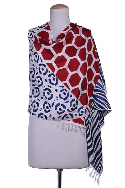 Hand painted silk shawl, Safari in Red and Blue