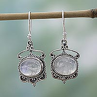 Rainbow moonstone dangle earrings, 'Moonlit Decadence' - Sterling Silver Rainbow Moonstone Dangle Earrings from India