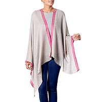 Wool shawl, 'Appealing Beauty' - Hand Woven 100% Wool Shawl from India in Grey with Fuchsia