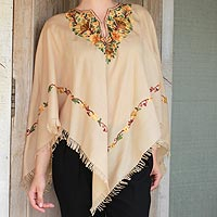 Wool poncho, 'Aari Princess' - Aari Wool Poncho with Floral Motifs and Fringes from India