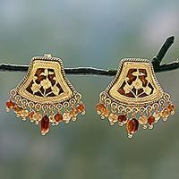 Gold plated hessonite chandelier earrings,