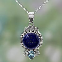 Lapis lazuli pendant necklace, 'Glamorous Blue' - Hand Made Lapis Lazuli Blue Topaz Pendant Necklace India