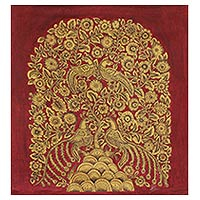 Kalamkari painting, 'Golden Spring II' - Red and Gold Indian Acrylic on Canvas Painting of Nature