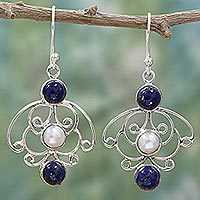 Cultured pearl and lapis lazuli dangle earrings,