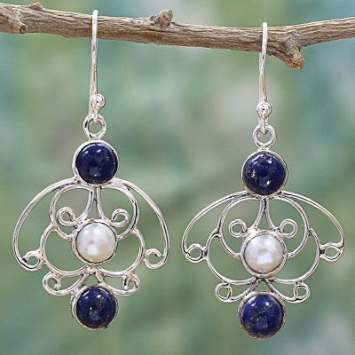 Cultured pearl and lapis lazuli dangle earrings, Blue Exotica