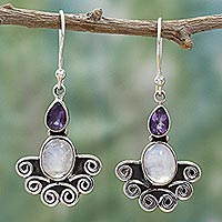 Rainbow moonstone and amethyst dangle earrings, 'Joyful Alliance' - Rainbow Moonstone and Amethyst Sterling Silver Earrings