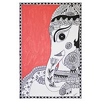 Madhubani painting, 'Magnificent Ganesha' - Ganesha Madhubani Folk Art Painting from India