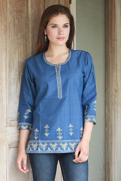 Cotton tunic, 'Blue Geometric Brilliance' - Steel Blue Cotton Tunic with Traditional Wheat Motif