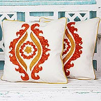 Cotton cushion covers, 'Radiant Allure' (pair) - Floral Tangerine Cotton Cushion Covers (Pair) from India