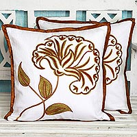 Cotton cushion covers, 'Majestic Flower' (pair) - Pair of Cotton Cushion Covers with Stunning Floral Motifs