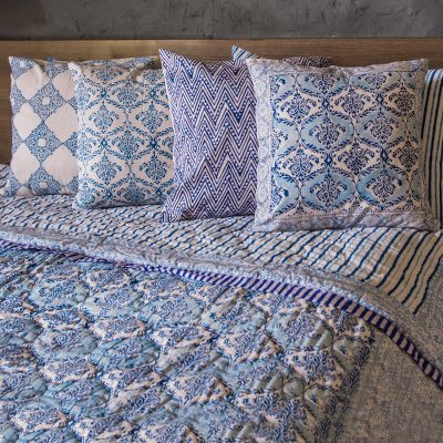 Block printed cotton quilt and pillowcase set, Blue Vines