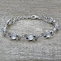 Moonstone and sapphire link bracelet, 'Moon Blue' - Sterling Silver Moonstone Sapphire Link Bracelet India