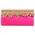 Silk clutch handbag, 'Fuchsia Glamour' - Silk Clutch in Fuchsia with Golden Beads from India (image 2a) thumbail