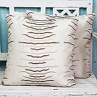 Embroidered cushion covers Wavy Sepia pair India