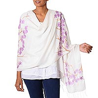 Silk blend shawl, 'Purple Plum Blossoms' - Hand Painted Silk Blend Shawl Plum Blossom from India