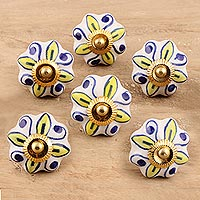 Ceramic cabinet knobs, 'Bright Sunshine' (set of 6) - Ceramic Cabinet Knobs Floral Yellow White (Set of 6) India