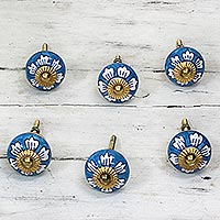 Ceramic cabinet knobs, 'Blue Flowers' (set of 6) - Ceramic Cabinet Knobs Floral Blue White (Set of 6) India