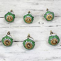 Ceramic cabinet knobs, 'Green Flowers' (set of 6) - Ceramic Cabinet Knobs Floral Green White (Set of 6) India