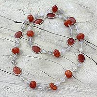 Carnelian and rutile quartz long necklace,