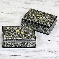 Wood decorative mini boxes Avian Whispers in Silver pair India