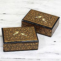 Wood decorative mini boxes Avian Whispers in Gold pair India