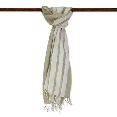 Mens linen blend scarf, Sleek Stripes in Khaki