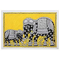 Madhubani painting, 'Absolute Bonding' - India Madhubani Folk Art Painting of Elephants in Yellow