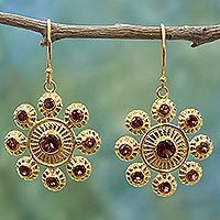 Gold plated garnet dangle earrings,