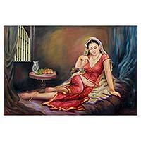 'Awaiting the King's Arrival' - Beautiful Jaipuri Queen in Red Signed Painting from India