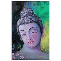 'Peaceful Buddha II' - Buddha with Flowers Signed Painting Buddhism Art from India