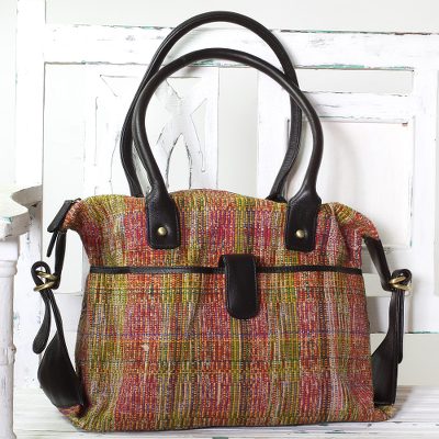 Cotton shoulder bag, 'Multicolored Bengal' - Hand Woven Multicolor Shoulder Bag with Leather from India