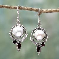 Cultured pearl and garnet dangle earrings,