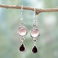 Garnet and chalcedony dangle earrings, 'Crimson Droplets' - Garnet and Chalcedony Dangle Earrings from India