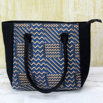 Batik cotton tote handbag, 'Azure Zigzag' - 100% Cotton Batik Tote Handbag in Azure from India