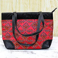 Leather accented silk shoulder bag Eastern Sky India