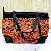 Leather accented silk shoulder bag Majestic Pumpkin India