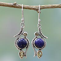 Citrine and lapis lazuli dangle earrings, 'Starry Bliss' - Lapis Lazuli Citrine Sterling Silver Dangle Earrings India