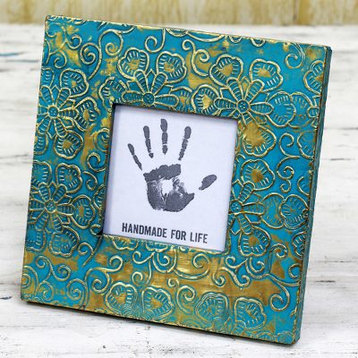 Aluminum repousse photo frame, Flowery Blue (3x3)