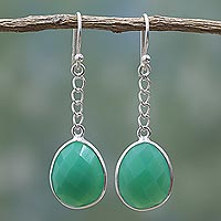 Onyx dangle earrings, 'Protective Green' - Green Onyx Sterling Silver Dangle Earrings from India